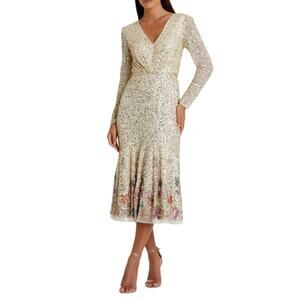 Mac Duggal Gold Multicolor Faux Wrap Long Sleeve Tea Length Dress Women’s Sz 12